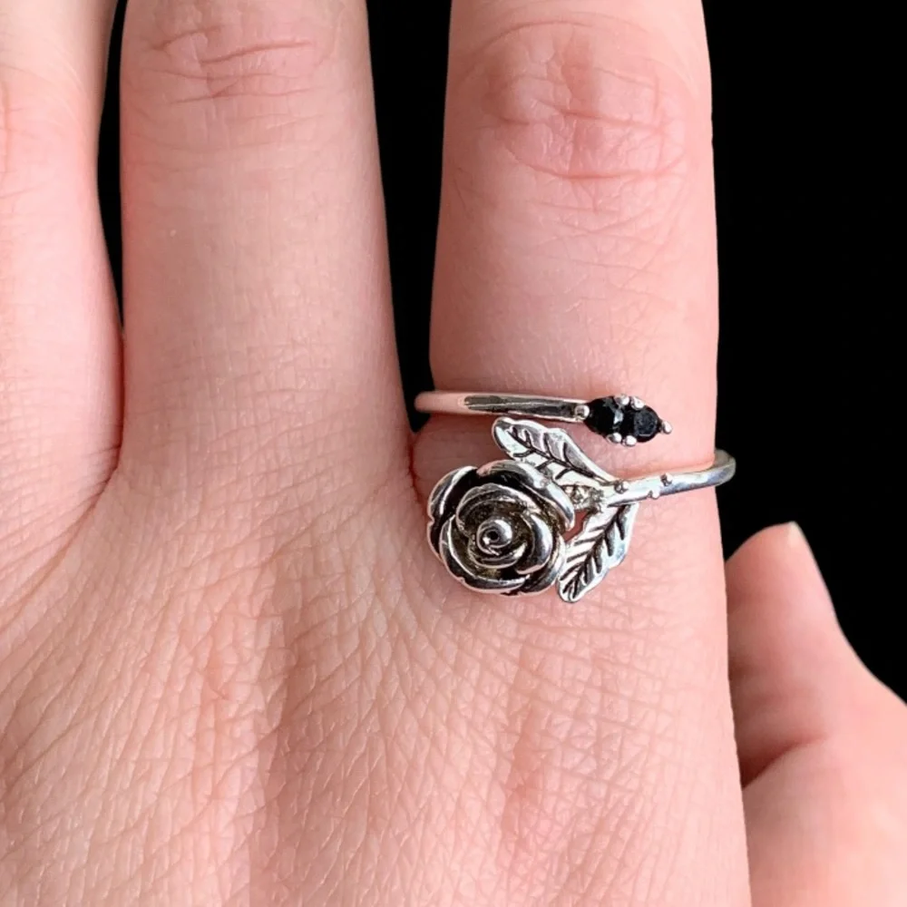 STERLING SILVER ROSE AND BLACK CZ RING - Picture 10 of 11